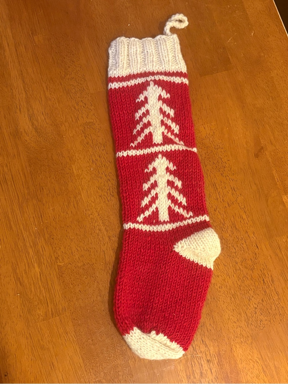 Wool Thick Knit Christmas Stocking Red/White Trees Holiday Made In Nepal 21”